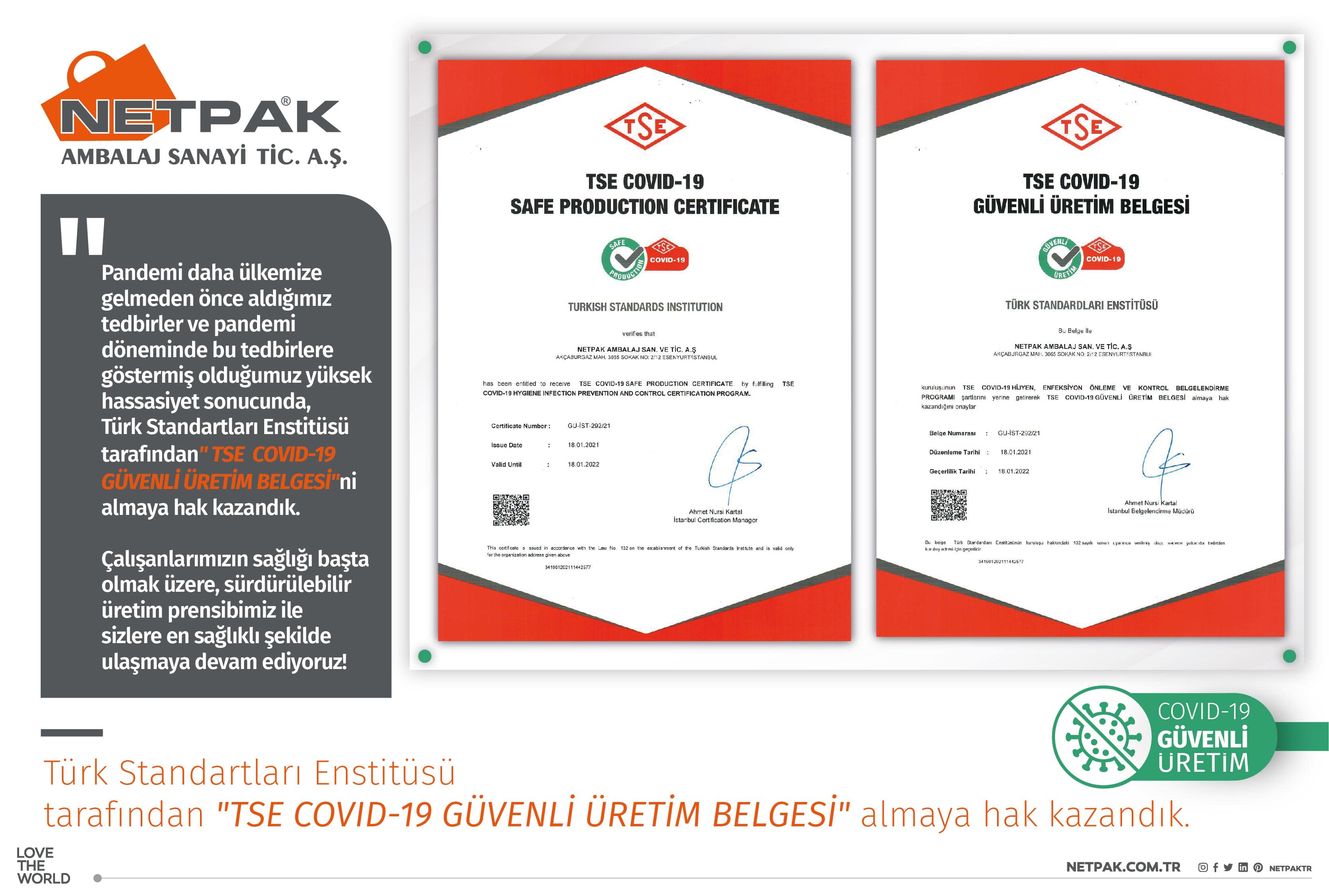 Netpak Bez Çanta TSE Covid-19 Güvenli Üretim Belgesi