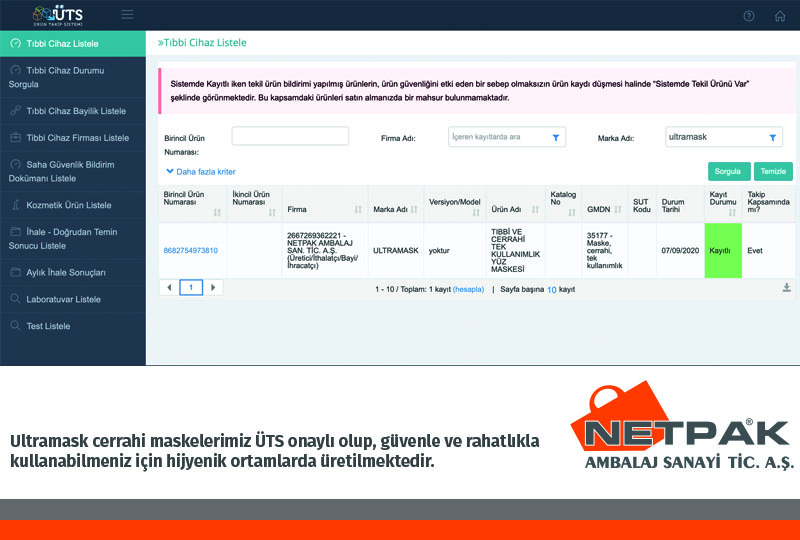 Netpak'tan ÜTS Onaylı Ultramask Cerrahi Maskelerimiz